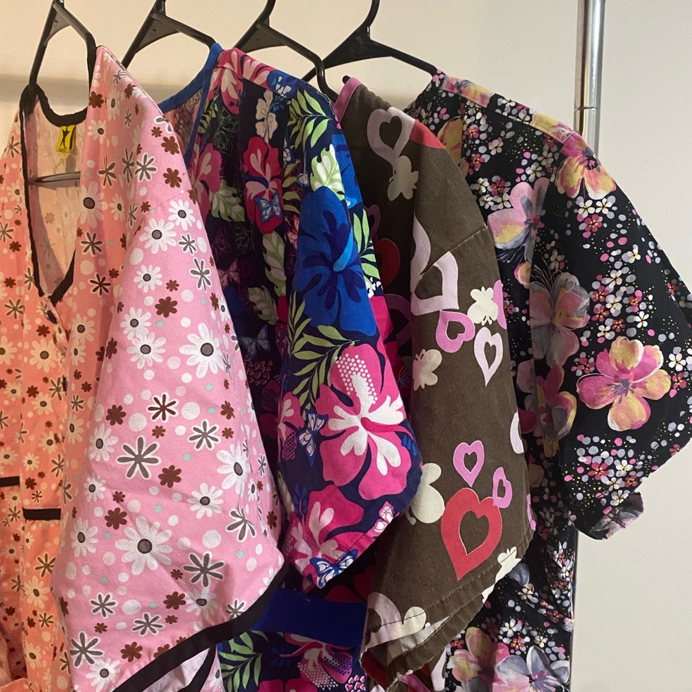 Colorful Floral and Heart Print Scrub Tops
